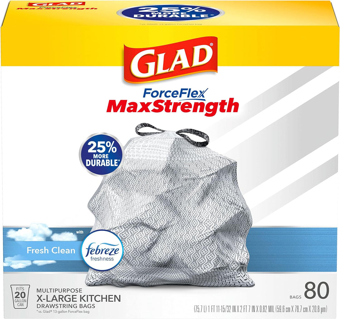 Glad Forceflex Maxstrength XL Kitchen Trash Bags, 20 Gal, Fresh Clean, 80 Ct (Package May Vary)