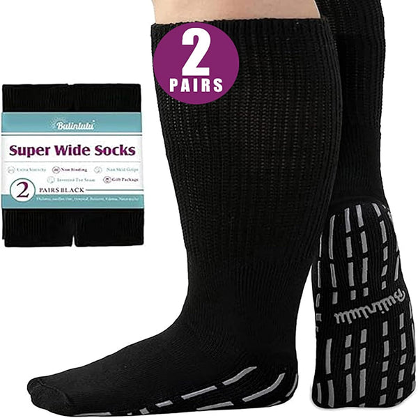 Bulinlulu Extra Width Socks for Swollen Feet-2 Pairs Hospital Grip Socks,Bariatric Socks,Diabetic Socks for Women Men 13-15,Lymphedema Socks-2 Pairs Black