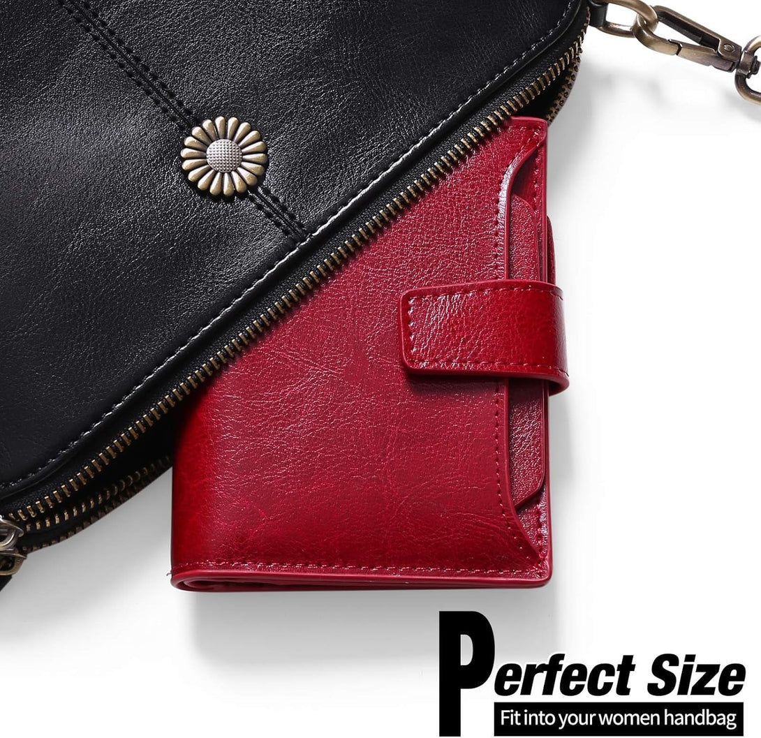 GOIACII Small Women Wallet Genuine Leather RFID Blocking Bifold Zipper Pocket Card Holder with ID Window
