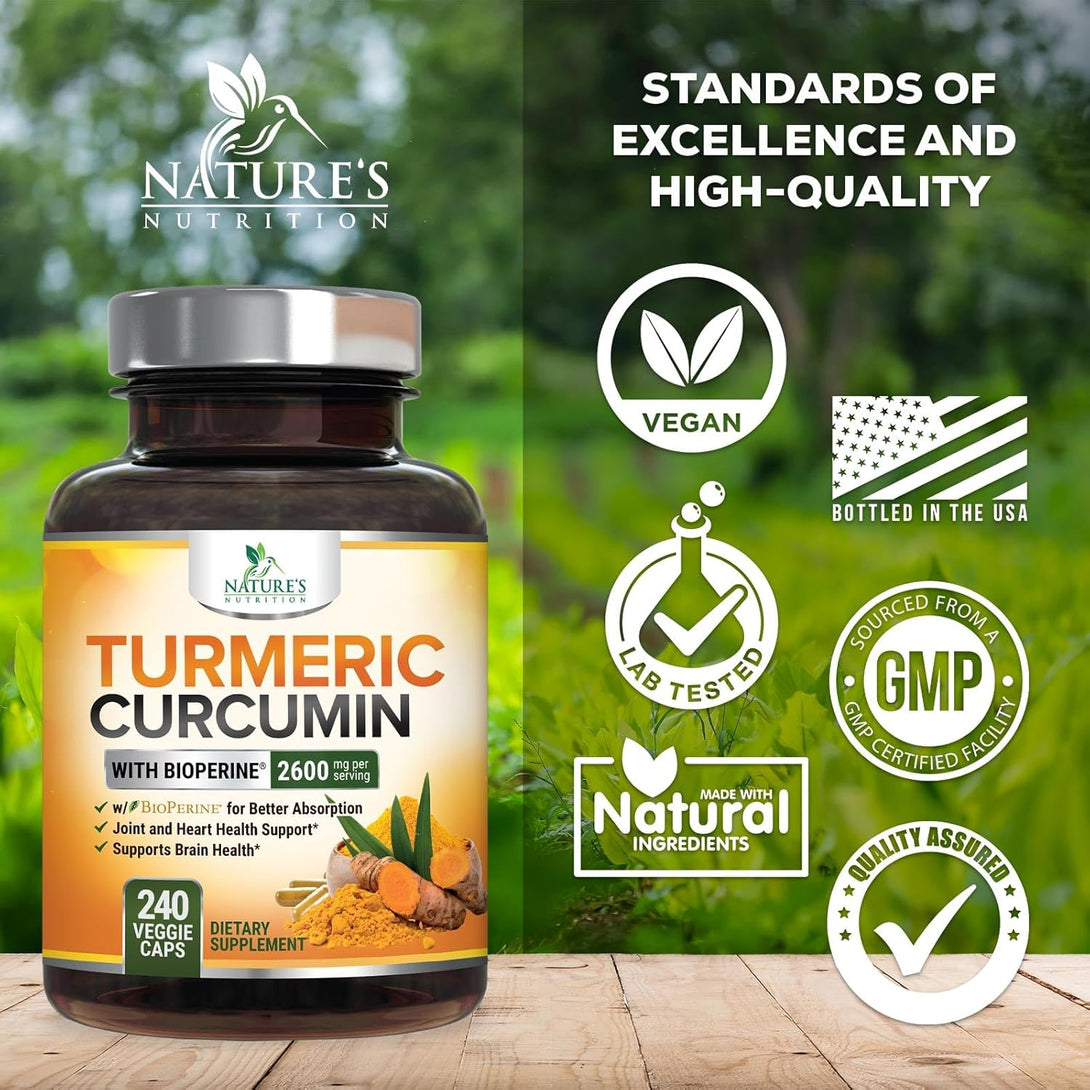 Turmeric Curcumin Supplement with Bioperine 95% Curcuminoids 2600Mg with Black Pepper for Best Absorption, Bottled in USA, Best Natural Vegan Joint Support, Nature'S Non-Gmo Tumeric - 240 Capsules