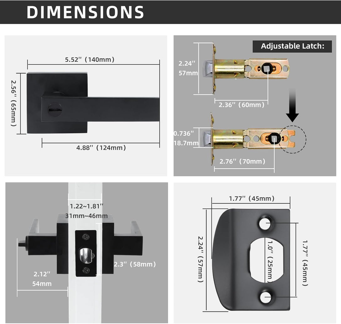 JO.KO Keyless Entry Door Lock, Square Door Lever for Bedroom, Passage Door Privacy Locking Interior/Exterior Entry Door Knob/Heavy Duty