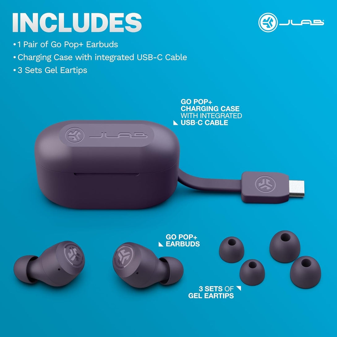 Jlab Go Pop+ True Wireless Bluetooth Earbuds & Charging Case - Violet, App Support, Dual Connect, IPX4 Sweat Resistance, Bluetooth 5 Connection, 3 EQ Sound Settings Signature, Balanced, Bass Boost