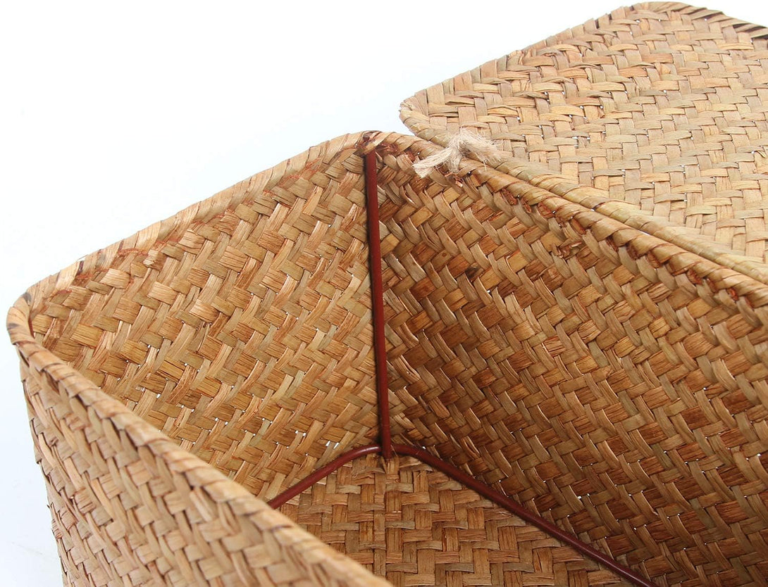 FEILANDUO Shelf Baskets with Lid Set of 3 Handwoven Seagrass Storage Box Wicker Basket Desktop Makeup Organizer Multipurpose Container (Original (S/M/L)