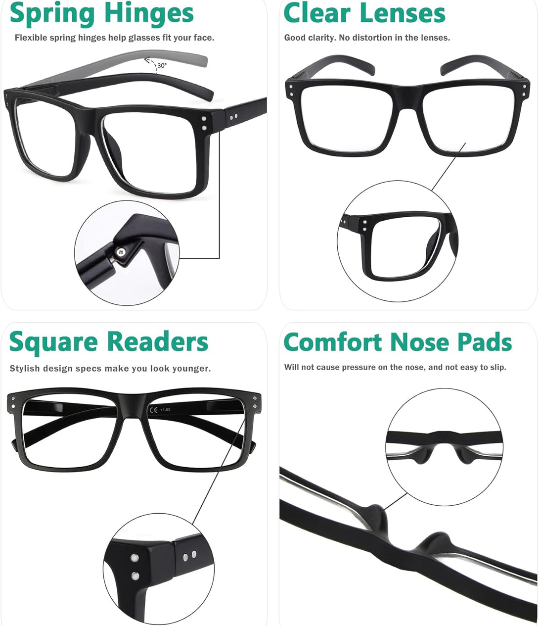 Eyekepper 5-Pack Oversized Reading Glasses Square Large Frame Readers for Men and Women - Black +1.50