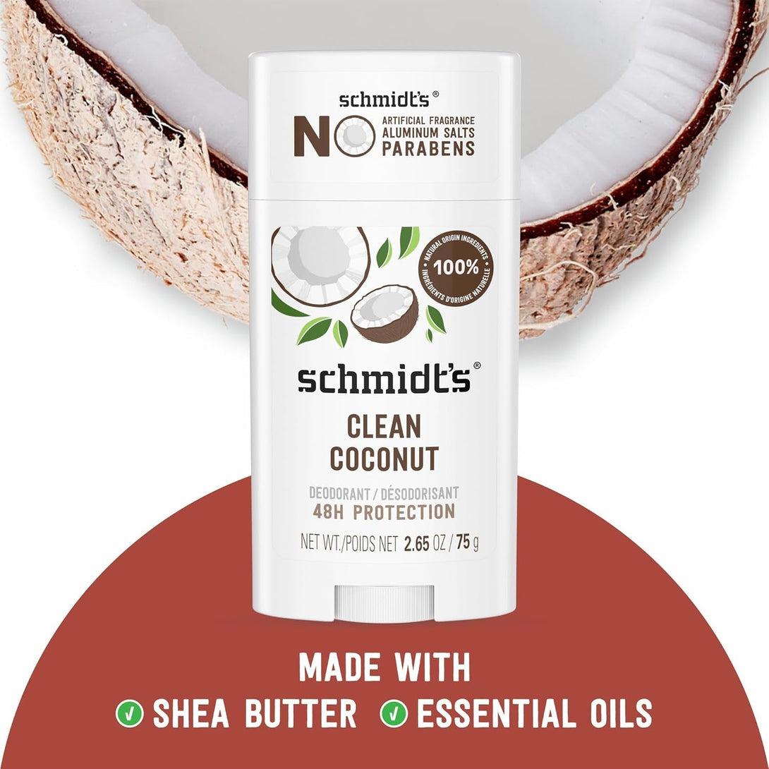 Schmidt'S Aluminum-Free Vegan Deodorant Clean Coconut for Women and Men, with 24 Hour Odor Protection, Natural Ingredients, Cruelty-Free, 2.65 Oz