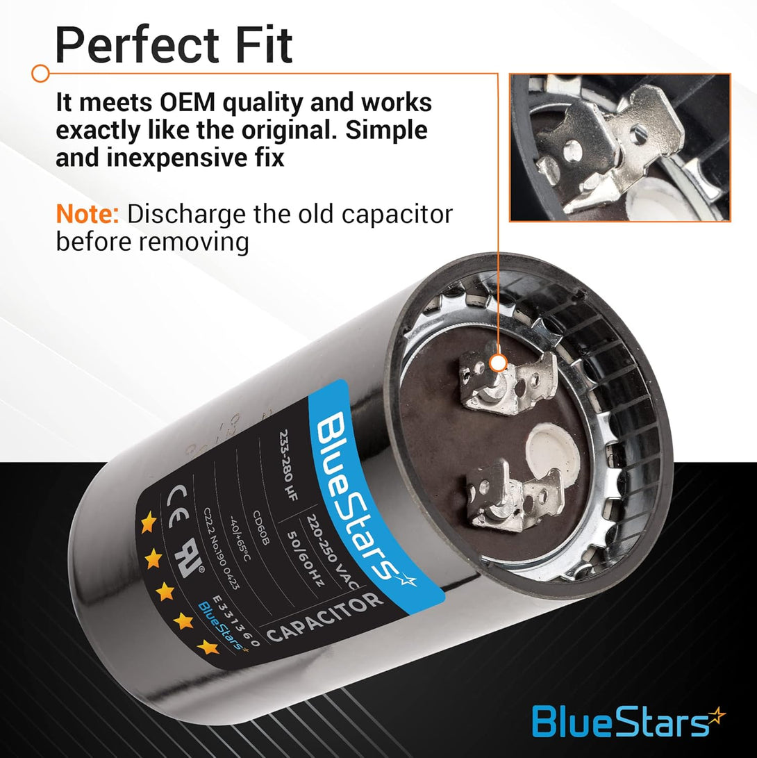 Upgraded Version 233-280 Mfd 220-250VAC ±20% Volts round Motor Start Capacitor 50/60 Hz AC Electric Replacement Part by Blue Stars