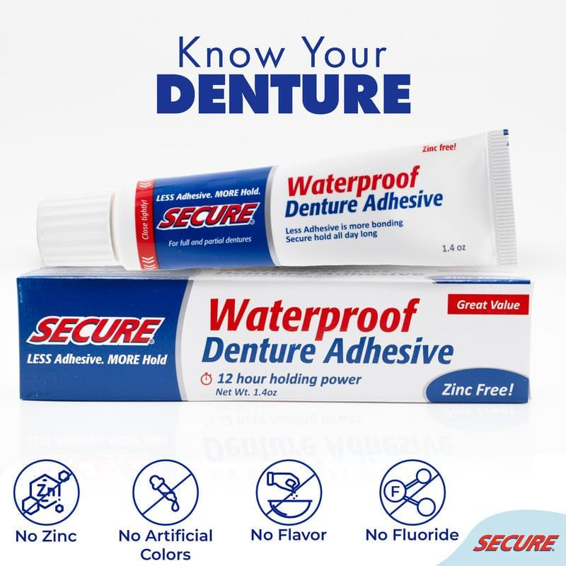 Secure Waterproof Denture Adhesive - Zinc Free - Extra Strong Hold for Upper, Lower or Partials - 1.4 Oz