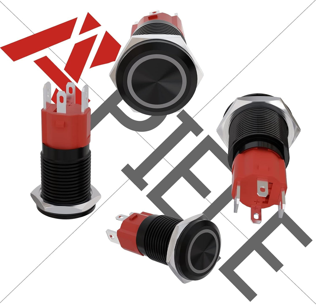 APIELE 10 Amp 16Mm Latching Push Button Switch 12V Angel Eye LED Waterproof round Self-Locking 1NO (Black Aluminum, White)