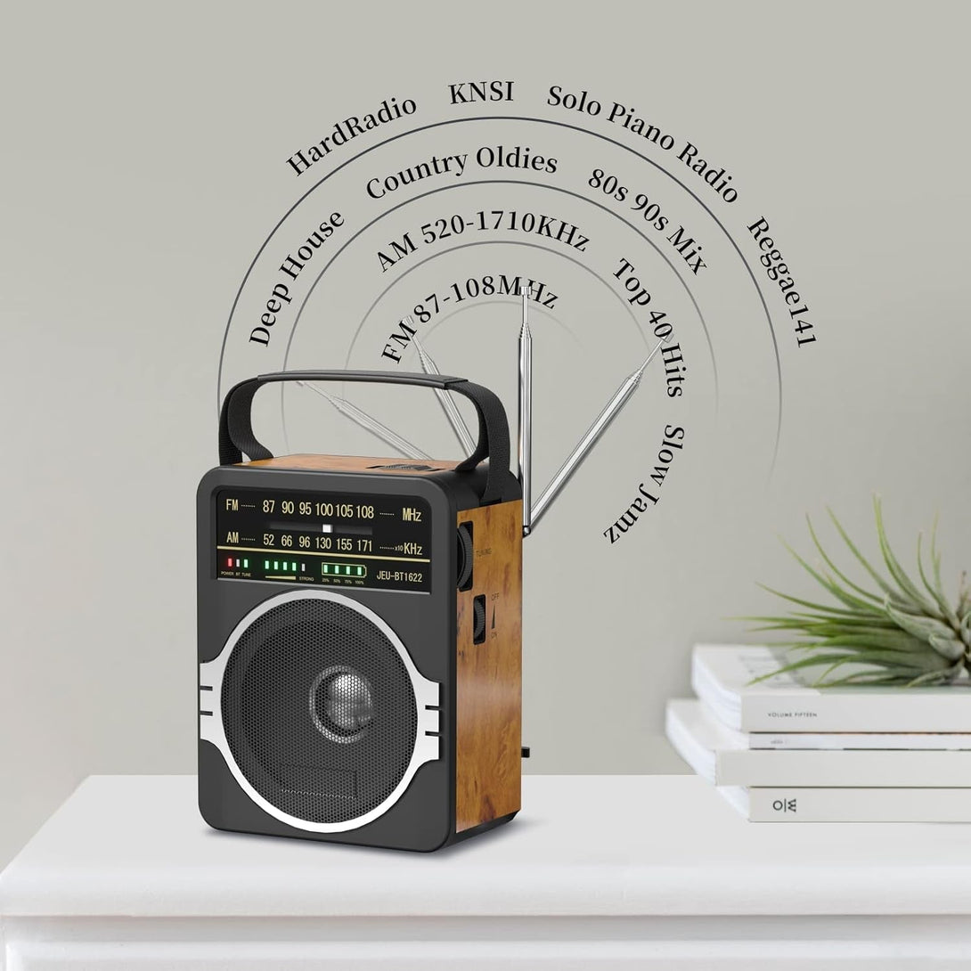 Portable AM FM Radio, Bluetooth 5.0 Radios 5 Watts Loud Speaker,Fm Radio Built-In Rechargeable Battery/Dc D*4 Cell Battery Operated & AC Power Plug in Wall Retro