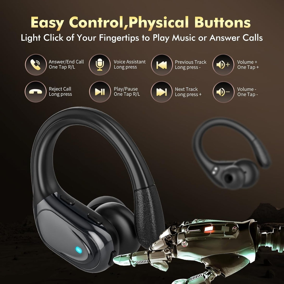 Catitru Wireless Earbuds Bluetooth Headphones 80H Playback Ear Buds Power Display with Noise Canceling Mic with Earhooks for Sports/Workout - Black