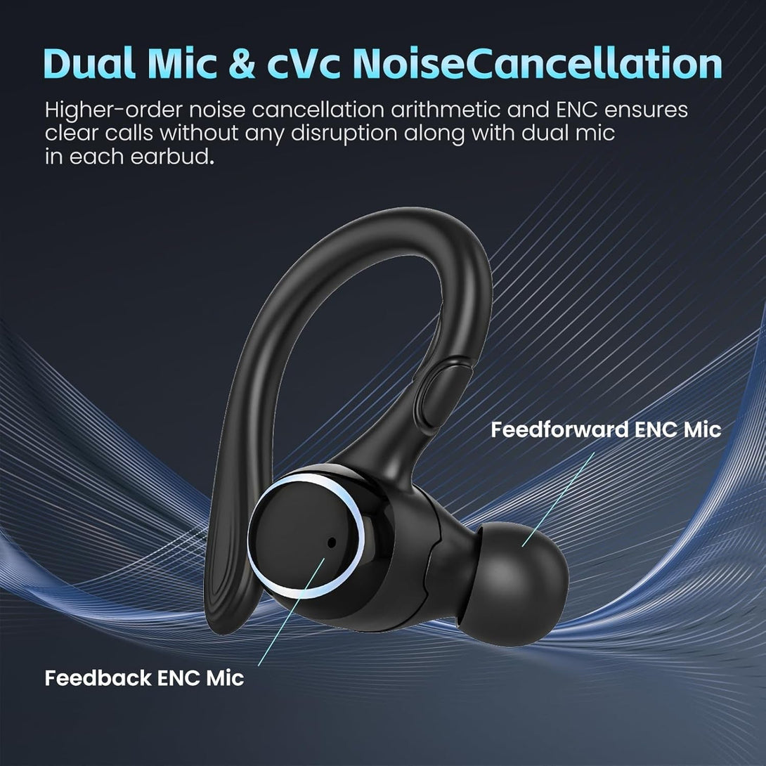 Wireless Earbuds Bluetooth 5.3 Headphones Stereo Ear Buds, ENC Noise Cancelling Mic,Ipx7 Waterproof Earphones with Hook for Android Ios Smart Phone Laptop Computer Sports - Black