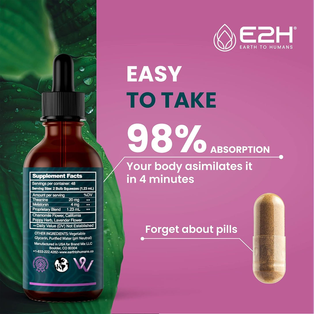 E2H Natural Sleep Support - Liquid Melatonin with Chamomile, Theanine - Sleep Better, Deeper, Longer - Vegan, Gmo-Free - Provides Stress Relief - 2 Fl Oz