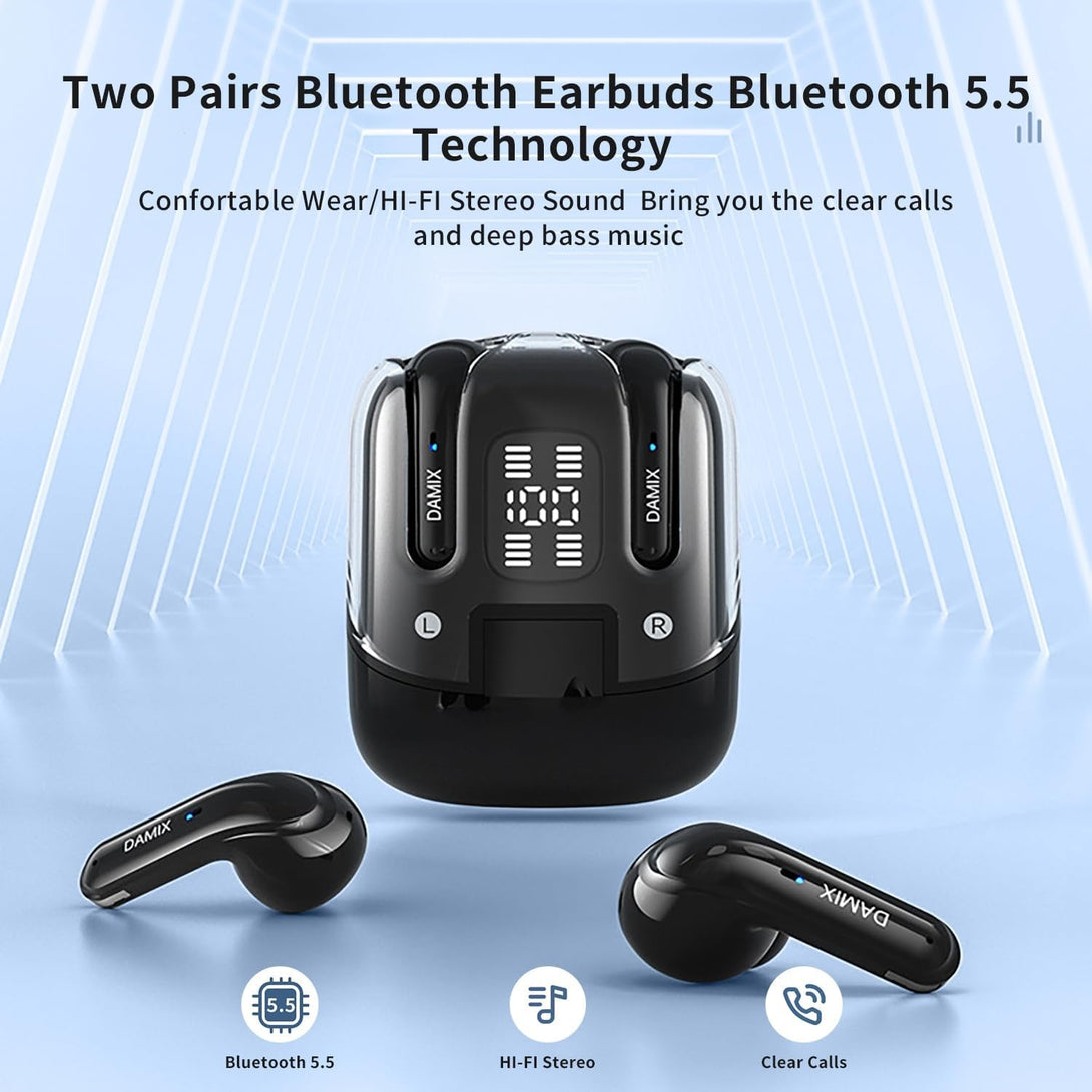 2 Pairs Wireless Earbuds Bluetooth 5.5 ,Wireless Ear Buds HIFI Bass Stereo Headphones with Noise Cancelling, LED Display Power in Ear Earphones Waterproof 120H Playtime for Laptop Pad Phones (Black)