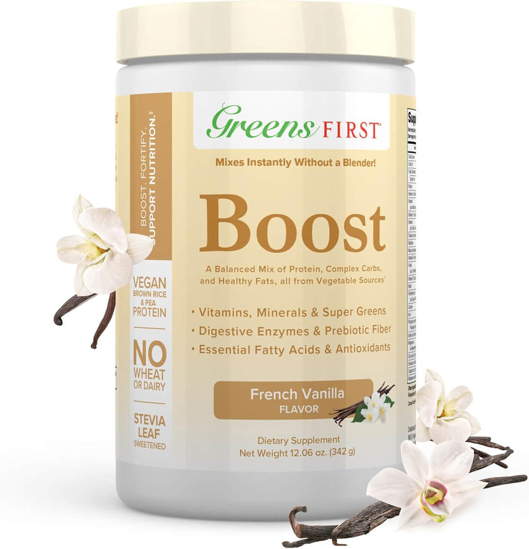 Greens First Boost - Plant-Based Protein & Balanced Nutrition - Superfood Shake Mix - No Wheat or Soy - Dairy-Free - Vegan - French Vanilla, 12.06 Oz.