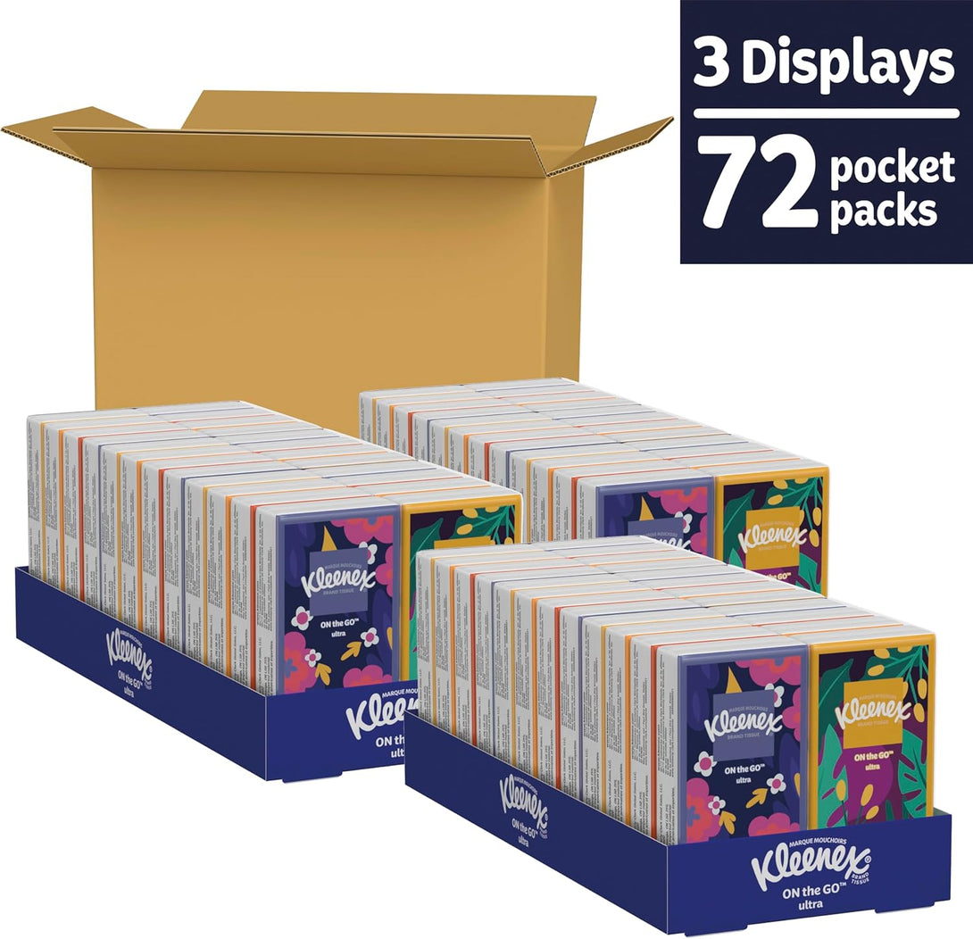 Kleenex On-The-Go Facial Tissues, 72 On-The-Go Packs (3 Trays of 24 Packs), 10 Tissues per Box (720 Total Tissues), 3-Ply, Packaging May Vary