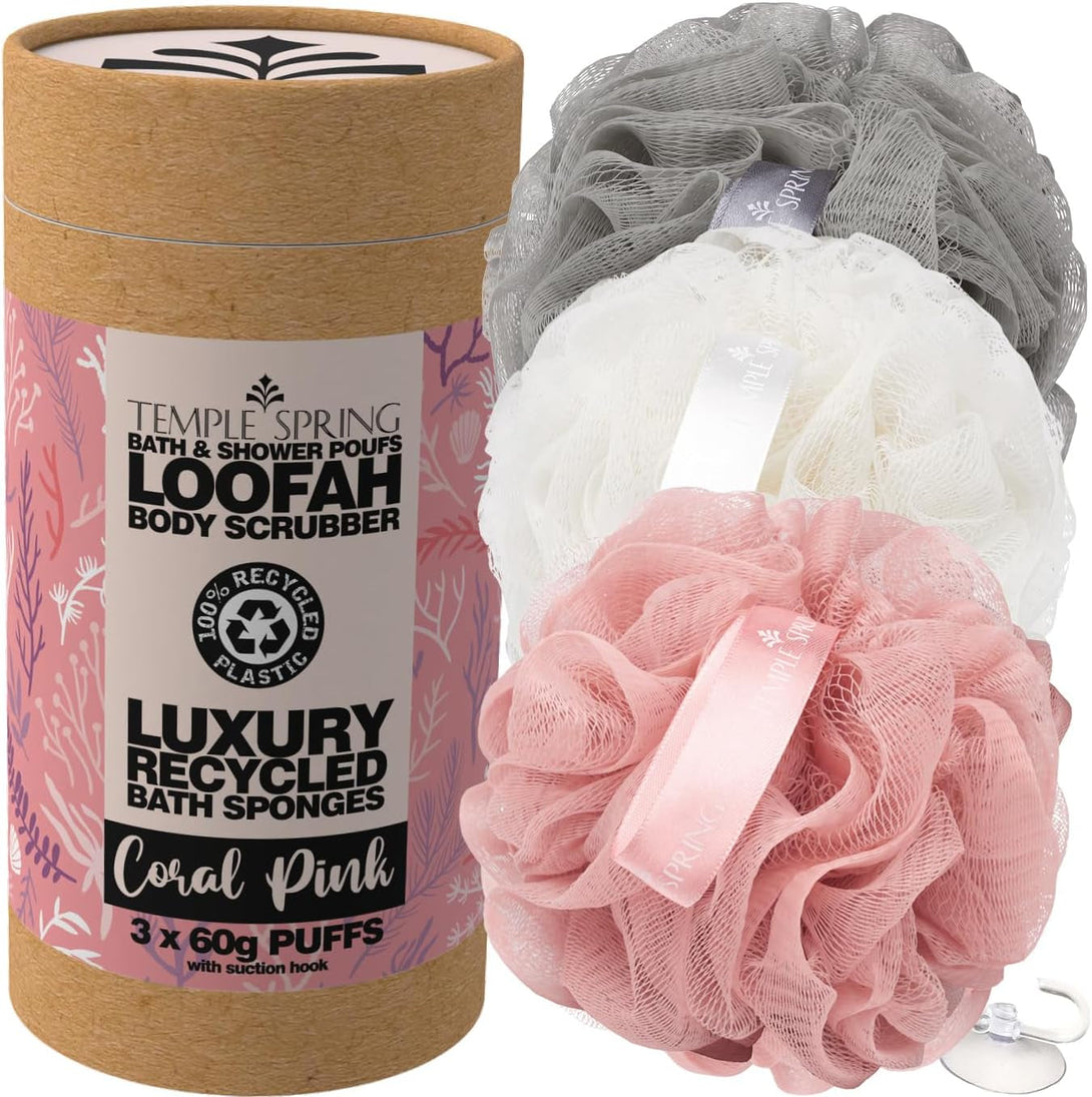 Temple Spring Recycled Luffa Sponges, Bathroom Shower Accessories, Loofa Bath Sponge, Exfoliating Body Scrubber Exfoliator Pouf, Shower Scrubber Puff, Poof, Loofah for Women, Loofah for Men-Coral Pink