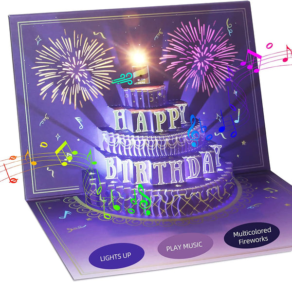 XTF2015 Happy Birthday Card Fireworks, Lights, Music and Sound Fireworks Cake 3D Pop up Birthday Card Gift with Envelope and Note Tag for Women, Men, Kids, Wife, Mom, Husband