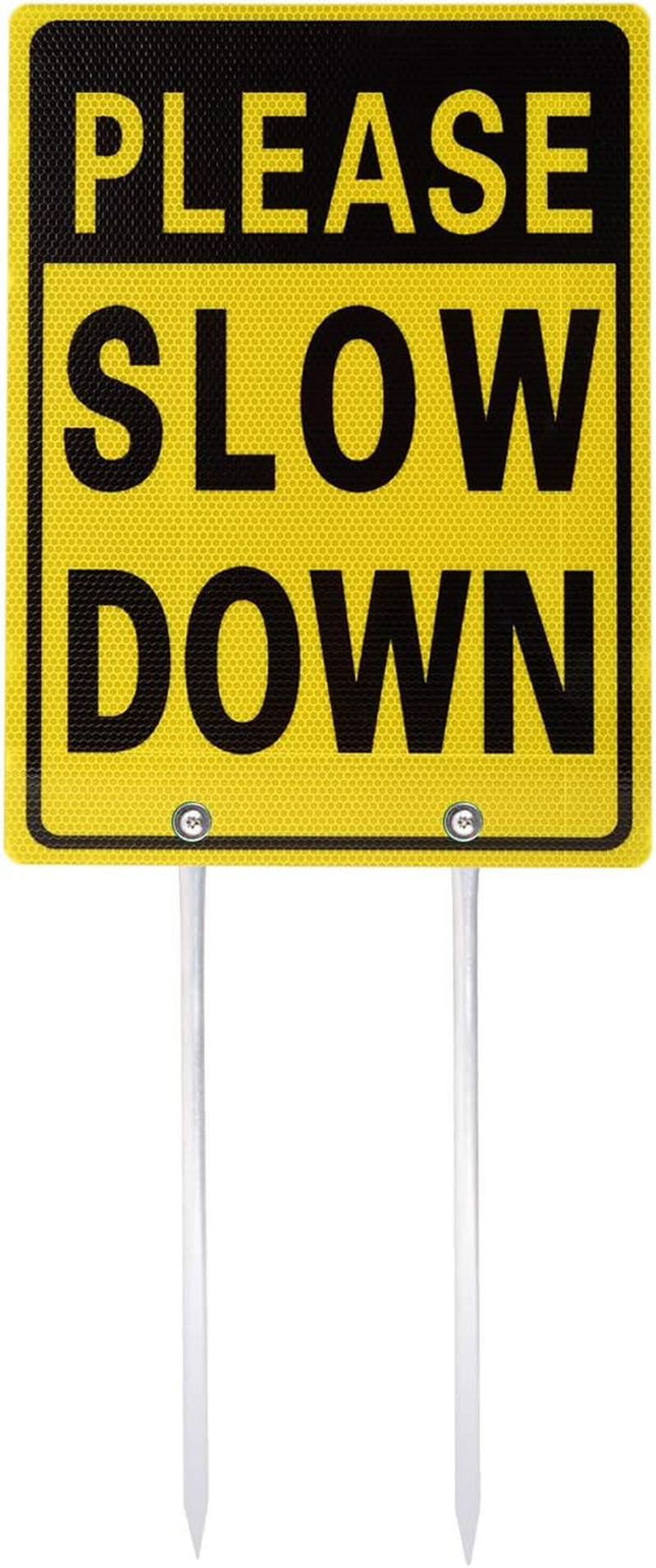 Kichwit Double Sided Aluminum Please Slow down Sign Reflective Metal Sign with Stakes, Sign Measures 11.8" X 15.8", 14" Long Metal Stakes Included