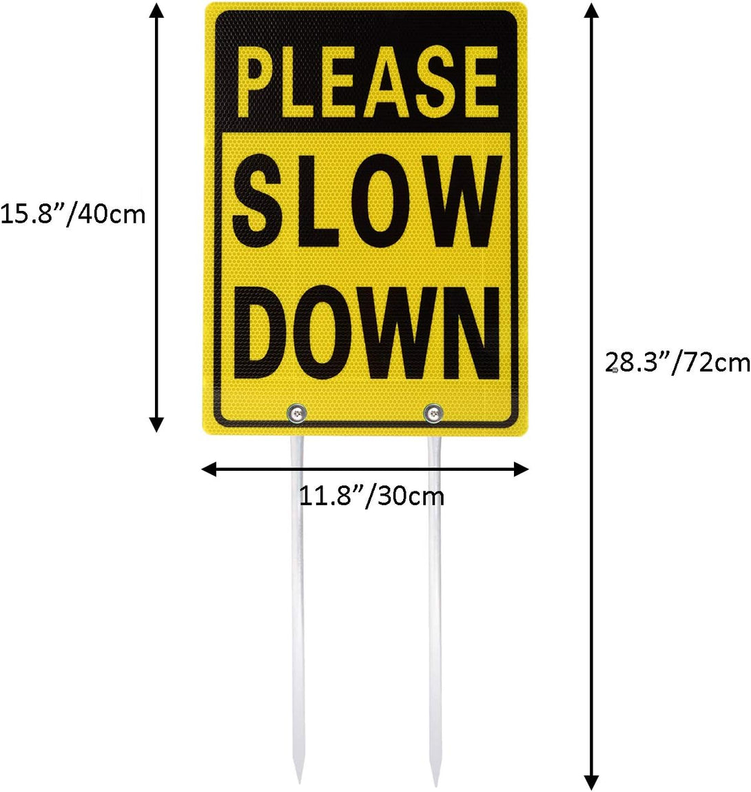 Kichwit Double Sided Aluminum Please Slow down Sign Reflective Metal Sign with Stakes, Sign Measures 11.8" X 15.8", 14" Long Metal Stakes Included