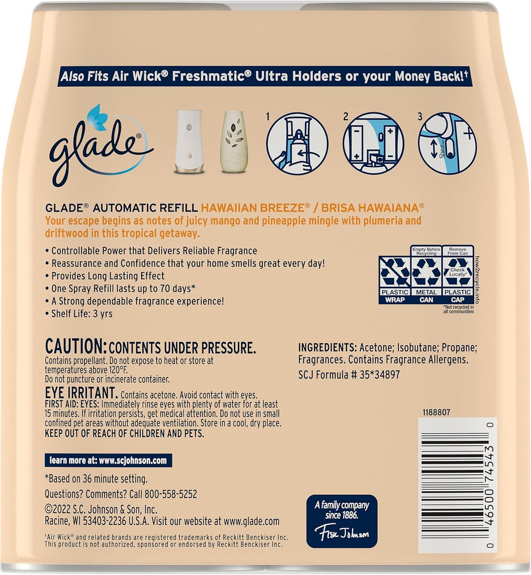 Glade Automatic Spray Refill, Air Freshener for Home and Bathroom, Hawaiian Breeze, 6.2 Oz, 2 Count