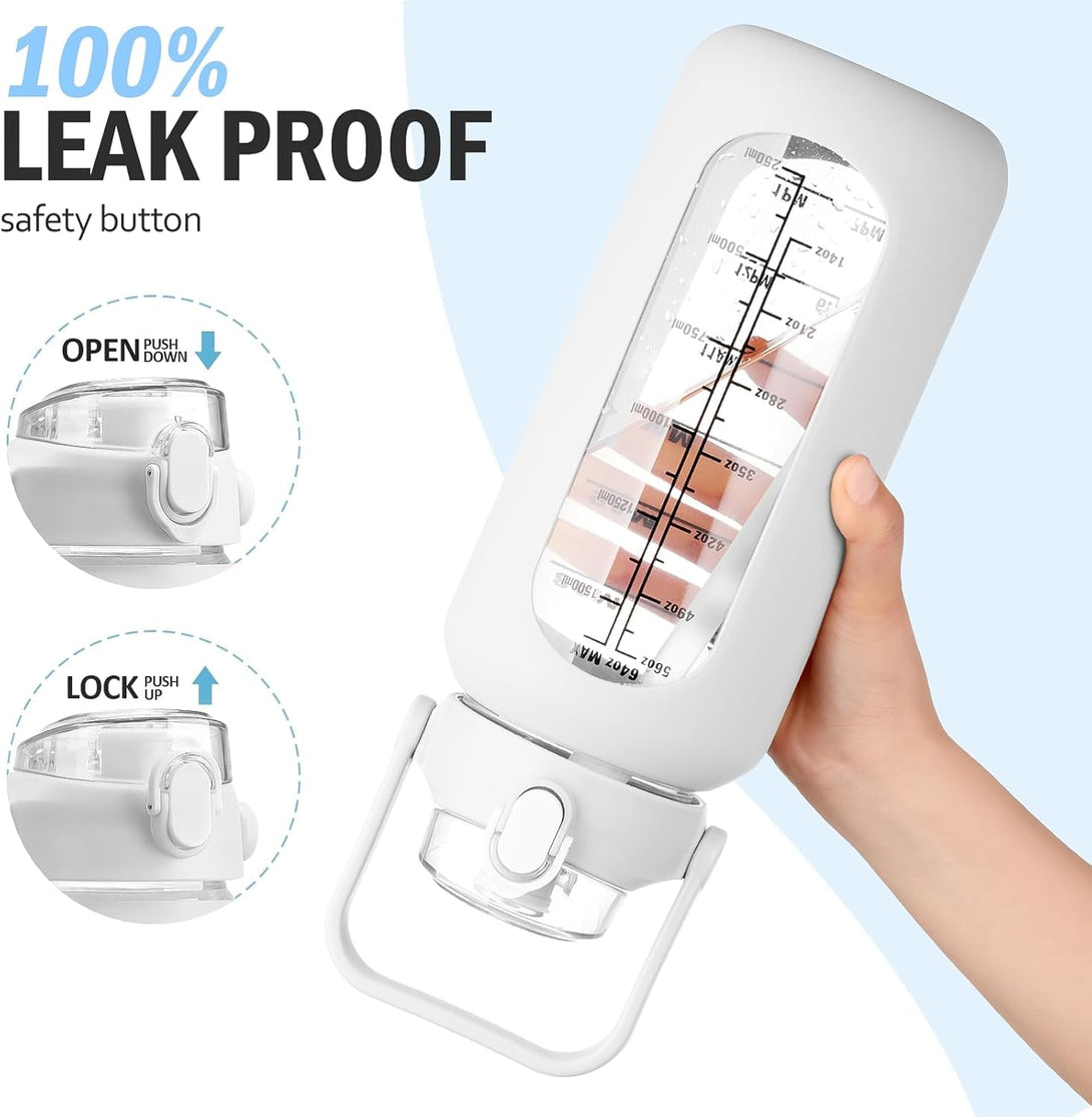 64 Oz Glass Water Bottle with Straw and 2 Lids, Half Gallon Water Bottle with Sleeve, Large Insulated 2 Liter Glass Water Jug Time Marker with Handle