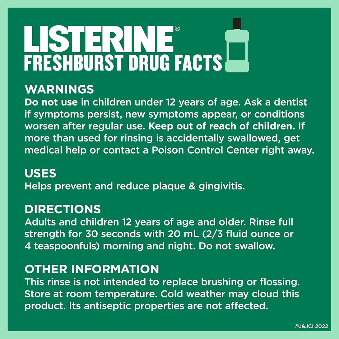 Listerine Freshburst Antiseptic Mouthwash for Bad Breath, Kills 99% of Germs That Cause Bad Breath & Fight Plaque & Gingivitis, ADA Accepted Mouthwash, Spearmint, 1 L