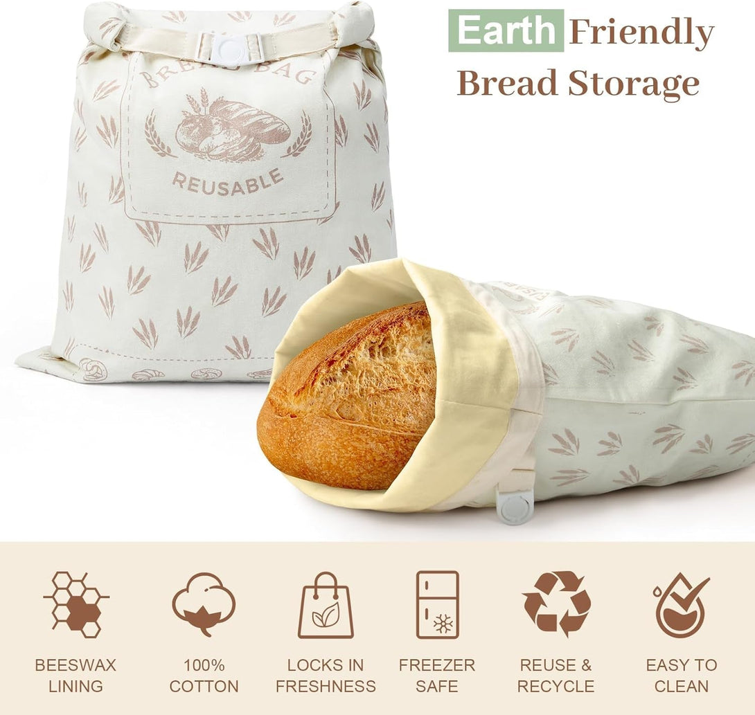 2 Pcs Reusable Beeswax Bread Bags with Cotton Bowl Cover, Containers for Homemade Bread, Cotton Beeswax Storage to Keep Fresh, Perfect Bags for Home-Baked