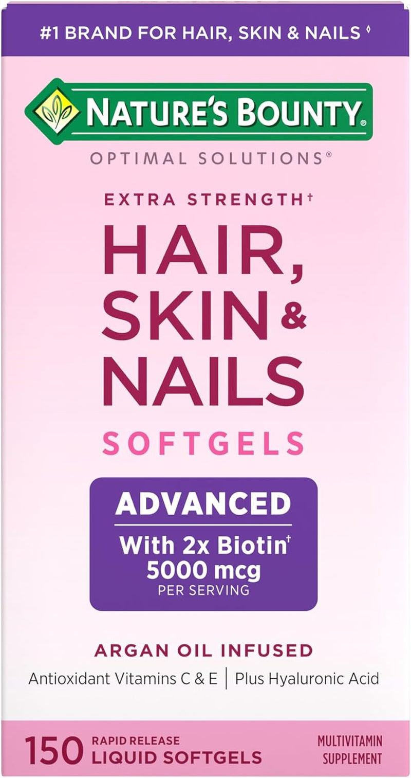 Nature'S Bounty Advanced Hair, Skin & Nails, Argan-Infused Vitamin Supplement with Biotin and Hyaluronic Acid, 150 Rapid Release Softgels