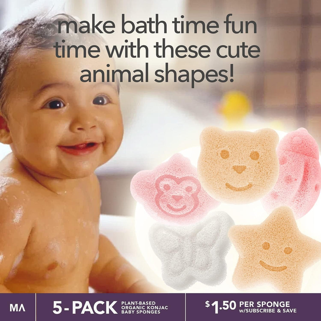 Konjac Baby Sponge for Bathing | Natural Cute Shapes | Kids Bath Sponges for Infants | Toddler Bath Time | Safe Organic Plant-Based | 5Pcs Set : Bear, Monkey, Butterfly, Ladybug, Star