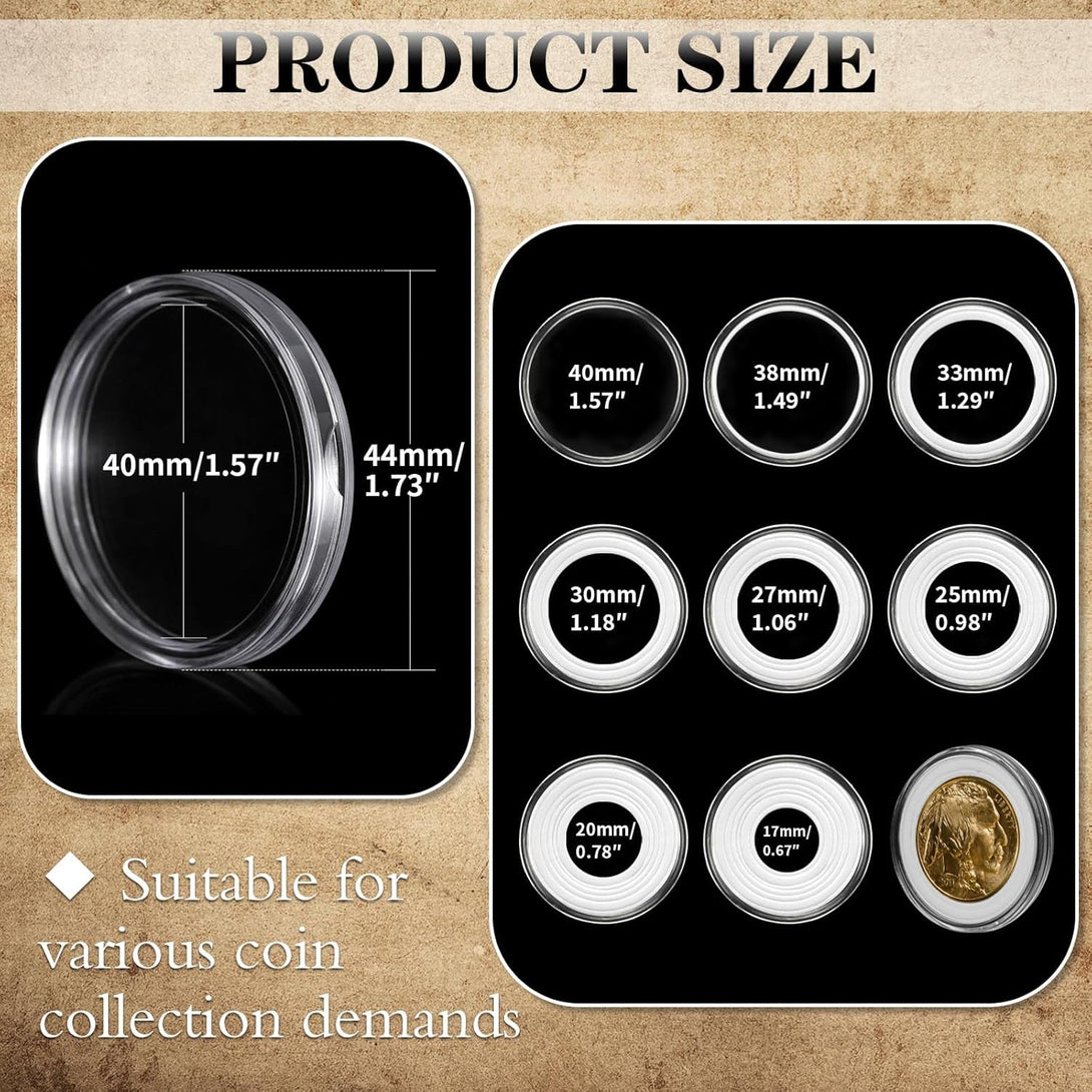63PCS Silver Dollar Coin Holder, Clear Coin Capsules, Coin Holders for Collectors, Plastic Coin Case for Morgan Silver Dollar, Coin Protectors with Adjustable Gasket (17/20/25/27/30/33/38/40Mm)