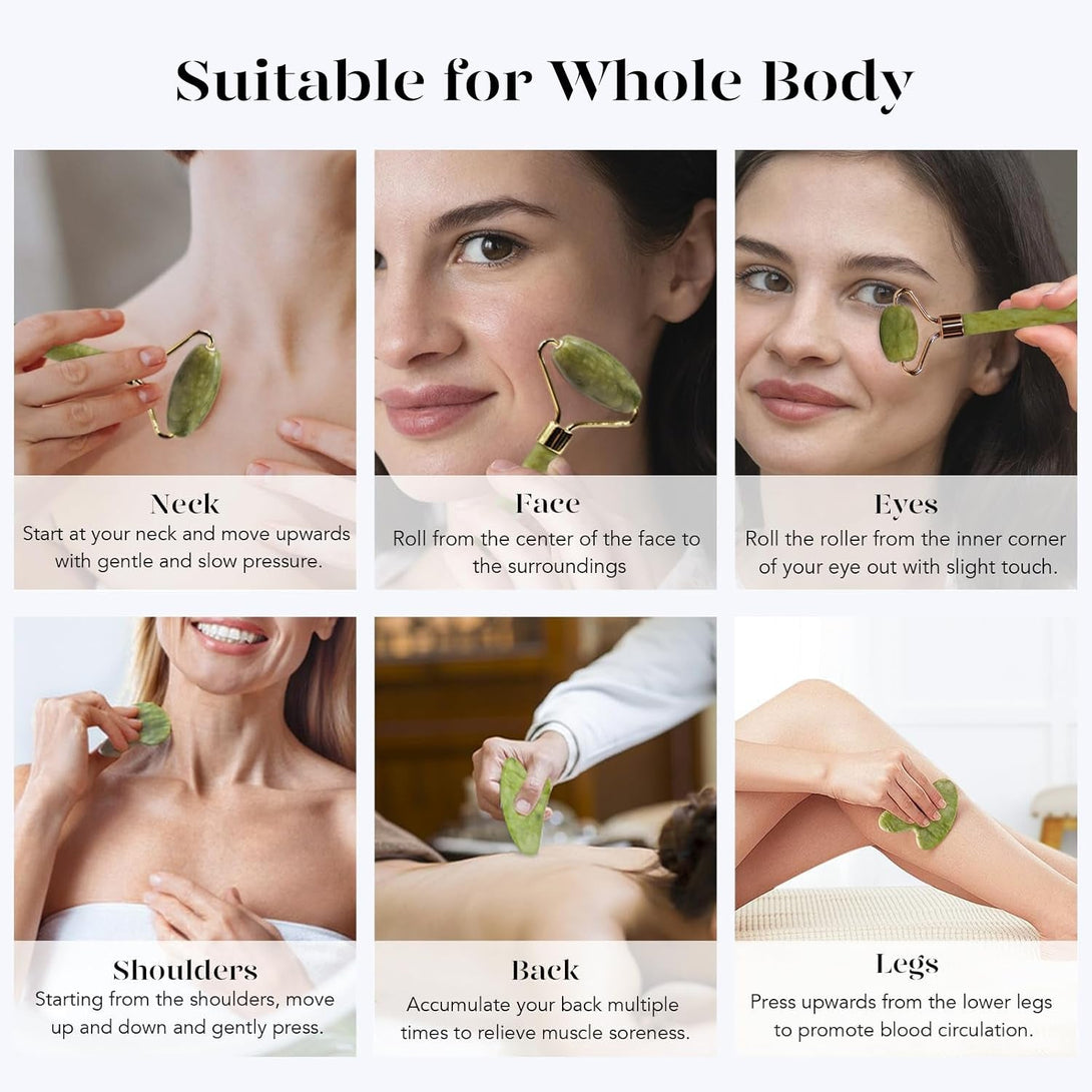 BAIMEI Icyme Gua Sha & Jade Roller Facial Tools Face Roller and Gua Sha Set for Puffiness and Redness Reducing Skin Care Routine, Self Care Gift for Men Women - Green