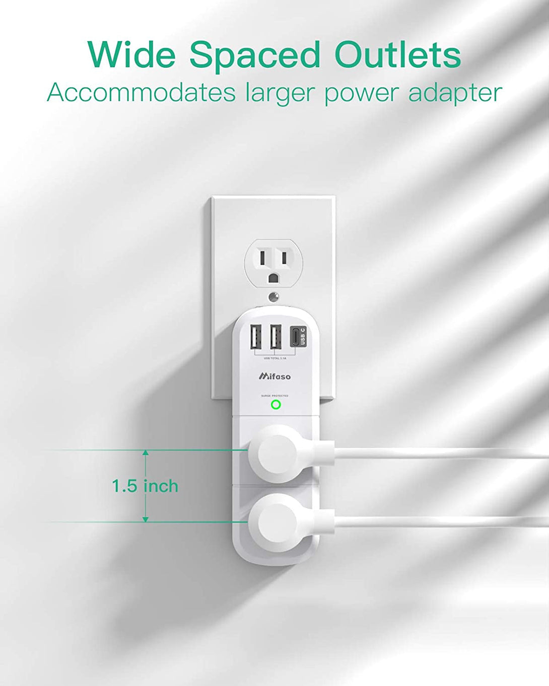USB Outlet Extender Surge Protector - Mifaso Rotating Plug, 6 AC Multi Plug and 3 USB Ports (1 C), 1800 Joules, 3-Sided Swivel Power Strip Spaced Splitter for Home, Office, Travel