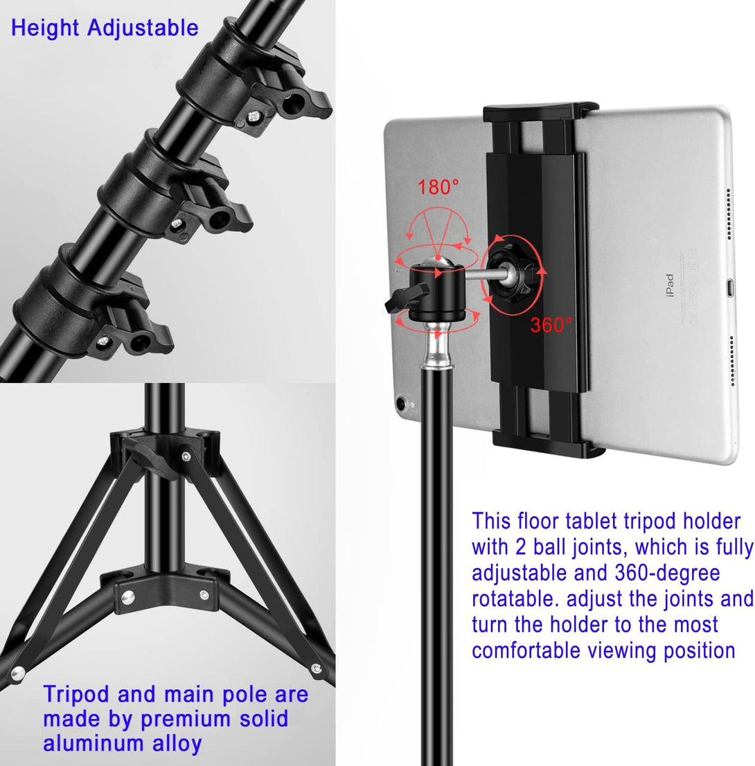 Tripod Floor Stand, with 65 Inch Height Adjustable Stand Holder & 360° Rotating Ipad Tripod Mount for Ipad Pro, Iphone, Kindle, and All 4.5-12.9 Inch Tablets