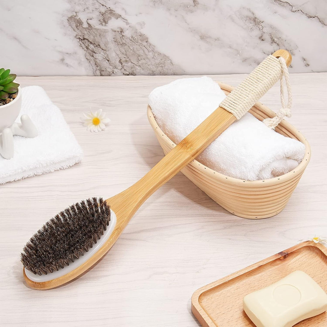 Exfoliating Back Scrubber for Shower with Curved Long Handle, 16.7 Inches Bamboo Body Brush with Natural Bristles for Wet or Dry Brushing, Body Exfoliator Back Washer Bath Tool for Men & Women