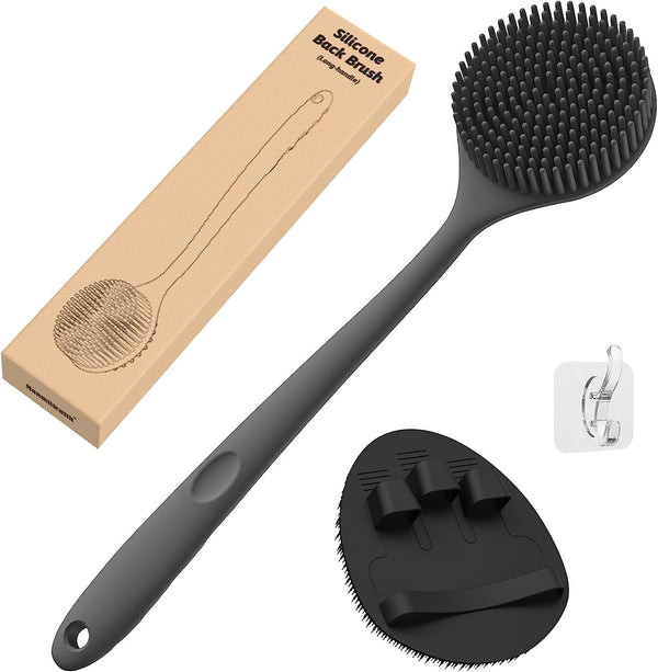 Manmihealth Silicone Back Scrubber(Thick Bristles) & Soft Bath Glove Set, Super-Exfoliating Body Scrubber & Super-Lathering Shower Brush Combination, with a Free Hook.(Black)