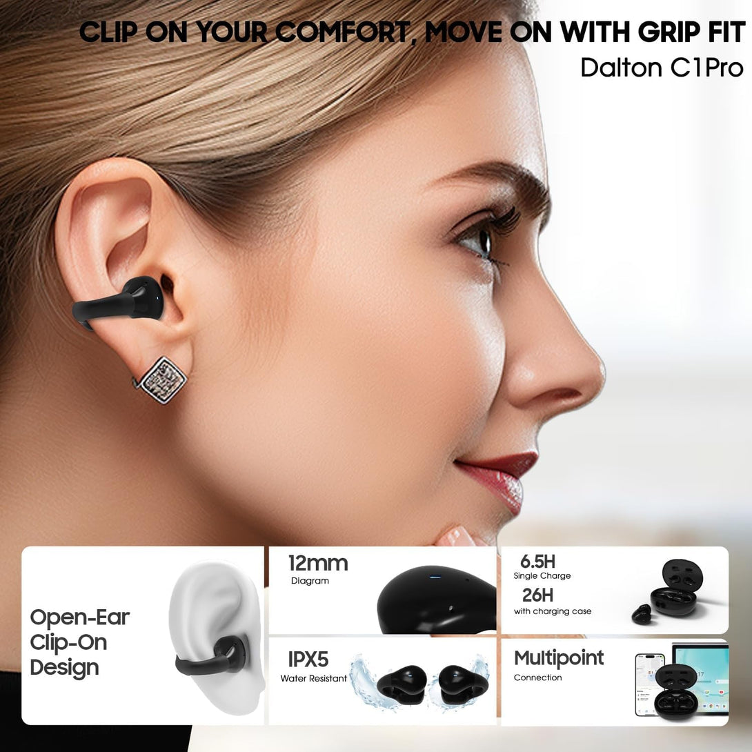 C1Pro Ear Clip Earbuds Clip on Ear Buds Wireless Bluetooth Earbuds Freeclip Bluetooth Headphones Open on Earring Cuff Earbud Earrings Clips Best Free Bud for Ears Glasses Living Need Open-Ear Comfort
