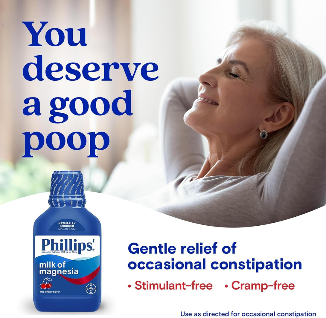 Phillips’ Milk of Magnesia Liquid Laxative, Wild Cherry Flavor, Stimulant Free, Cramp Free Relief of Occasional Constipation*, Effective in 30 Minutes - 6 Hours, #1 Milk of Magnesia Brand, 26 Oz