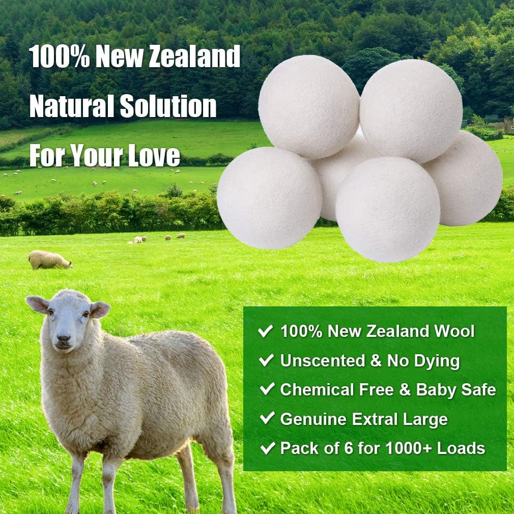 KINTOR Wool Dryer Balls XL 6 Pack 2.95", 100% New Zealand Wool Organic Fabric Softener, Hypoallergenic Baby Safe & Unscented, Chemical Free to Reduce Wrinkles & Static Cling, Shorten Drying Time