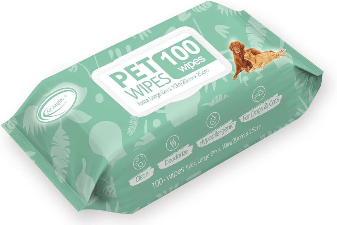Air Jungles 3In1 Pet Wipes for Dogs and Cats 100 Count, Extra Large 8" X 10", Hypoallergenic Cleaning, Grooming, Deodorizing Wipes for Pets Paws Body Face Ear Butt