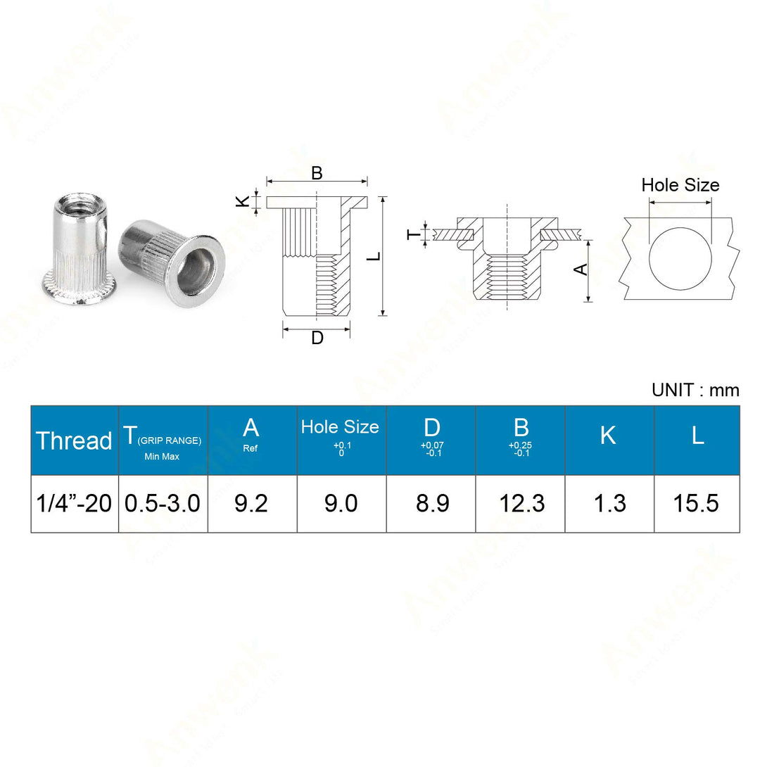 40Pcs 1/4”-20 Rivet Nuts Stainless Steel Threaded Insert Nut 1/4-20UNC Nutsert Rivnuts Flat Head Knurled Body