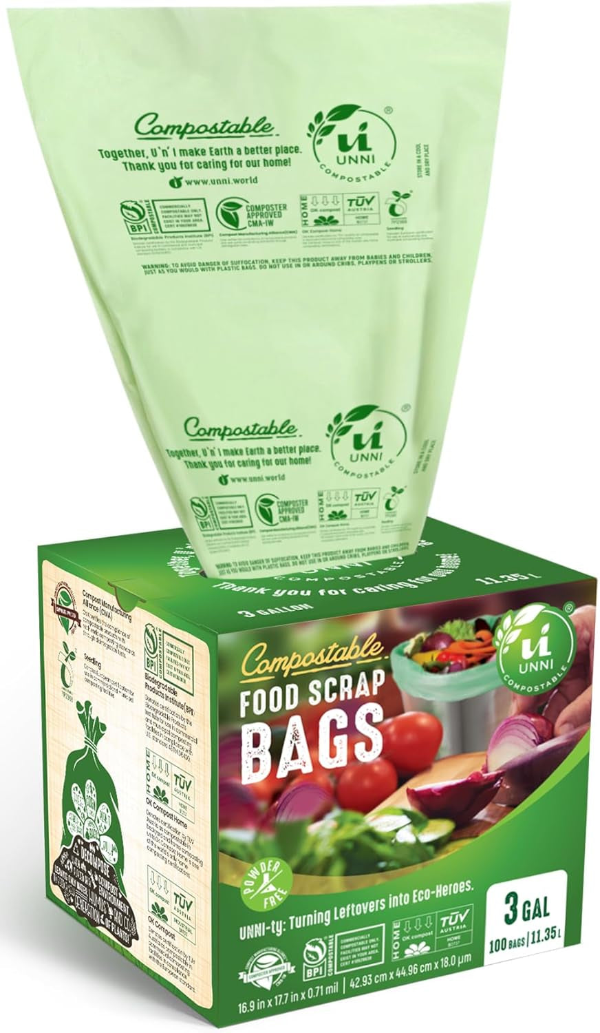 UNNI Compostable Liner Bags, 3 Gallon, 11.35 Liter, 100 Count, Extra Thick 0.71 Mil, Small Kitchen Food Scrap Waste Bags, ASTM D6400, US BPI, CMA and Europe OK Compost HOME Certified