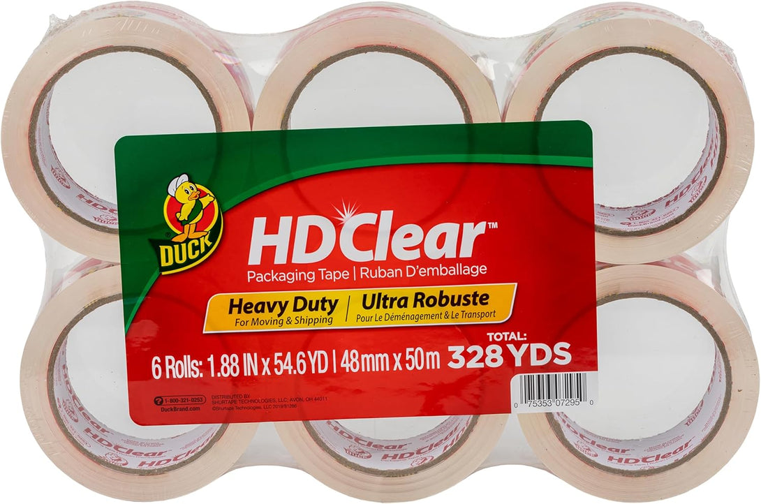 Duck HD Clear Packing Tape - 6 Rolls, 328 Yards Heavy Duty Packaging for Shipping, Mailing, Moving & Storage Clear, Strong Refills Boxes 1.88 In. X 54.6 Yd. (441962)