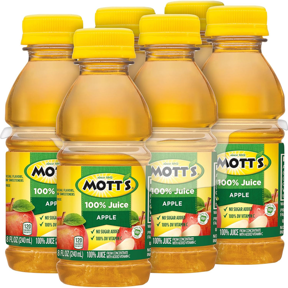 Mott'S 100% Original Apple Juice, 8 Fl Oz Bottles, 24 Count (4 Packs of 6), 2 Servings of Fruit, 100% Fruit Juice, Gluten-Free, Caffeine-Free, Kosher, Contains No Artificial Colors or Sweeteners