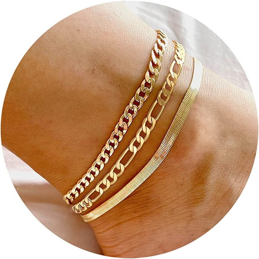 DEARMAY Gold Ankle Bracelets for Women, 14K Gold Anklets for Women Waterproof Cuban Link Anklets Set Layered Anklet Bracelets for Women Anklet for Women Gold Jewelry Gift