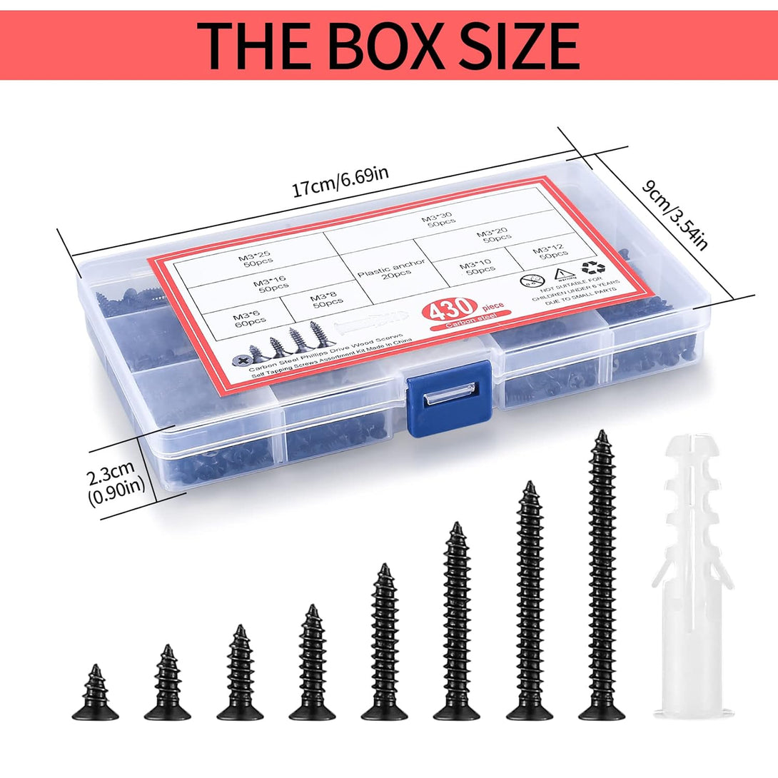 430 Pcs M3 Wood Screws Assortment Kit, Black Flat Head Self-Tapping Screws, Cross Drive Head Countersunk Head Screws Fasteners, Assorted Chipboard Cabinet Screws with 20 Plastic Wall Screw Anchors