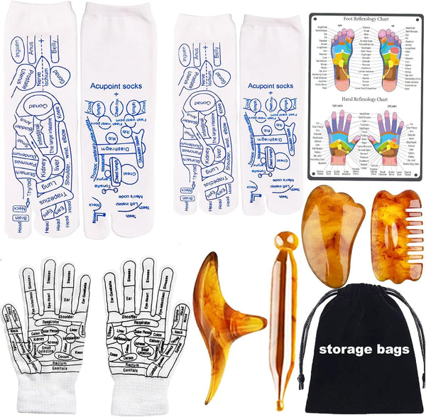 Reflexology Socks with Gloves Tools Set, Foot Massager Socks with 4Pc Massage Tool, Socks with Trigger Point Massage Tool, Socks Suitable for Men and Women