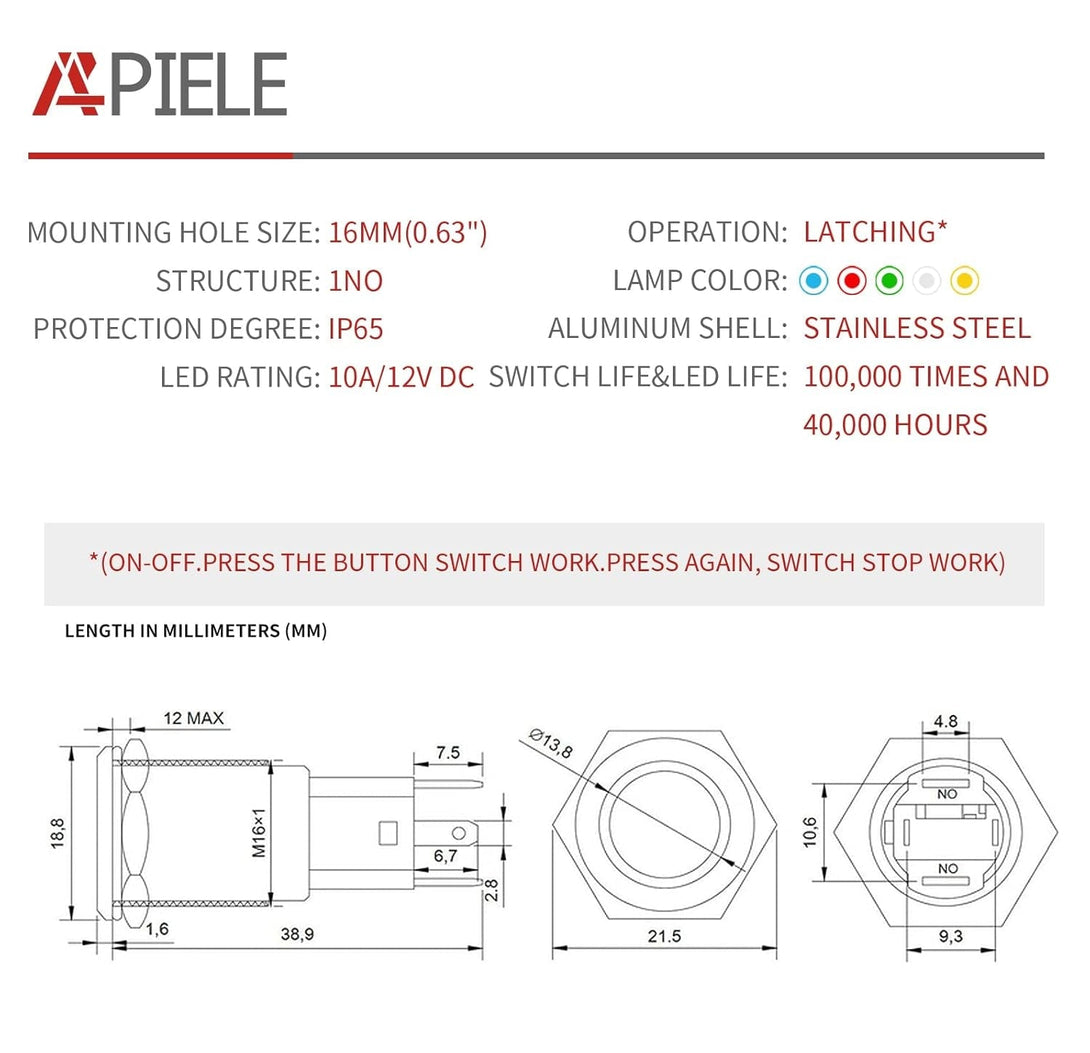 APIELE 10 Amp 16Mm Latching Push Button Switch 12V Angel Eye LED Waterproof round Self-Locking 1NO (Black Aluminum, White)