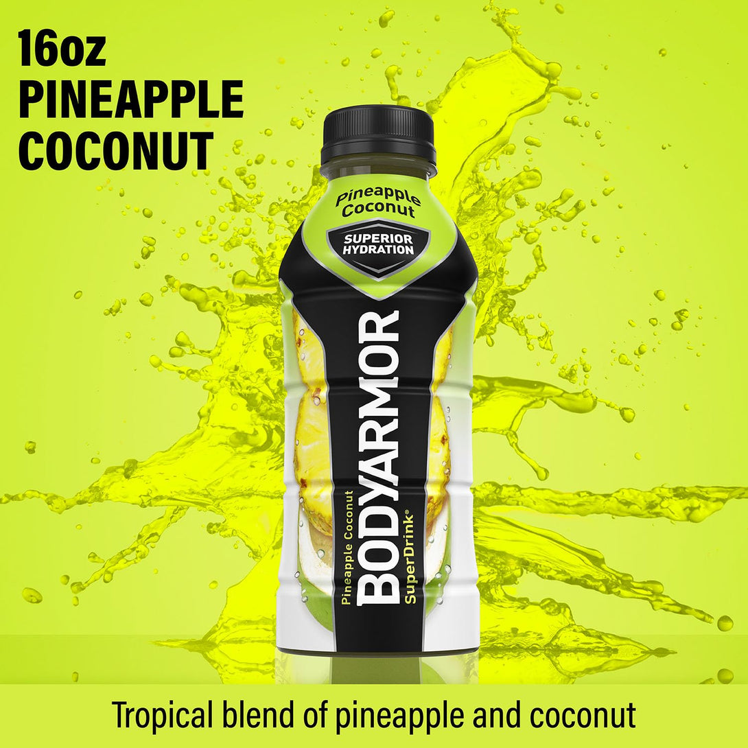 BODYARMOR Sports Drink Sports Beverage, Pineapple Coconut, Coconut Water Hydration, Natural Flavors with Vitamins, Potassium-Packed Electrolytes, Perfect for Athletes, 16 Fl Oz (Pack of 12)