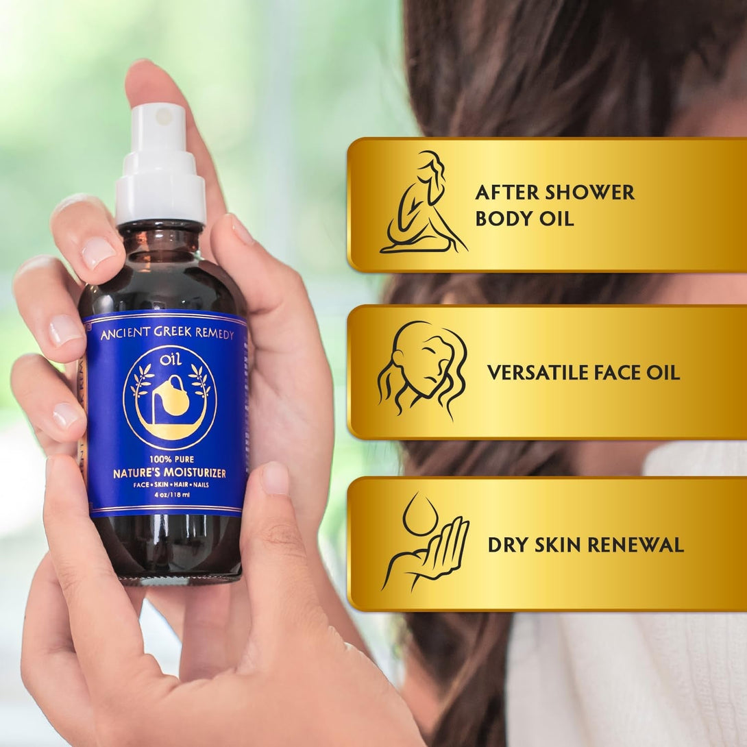 Ancient Greek Remedy after Shower Body Oil for Women - Organic Face Oil & Body Moisturizer for Dry Skin with Sweet Almond, Jojoba, Olive, Lavender and Vitamin E Oil - Natural Clean Skincare, 4 Oz