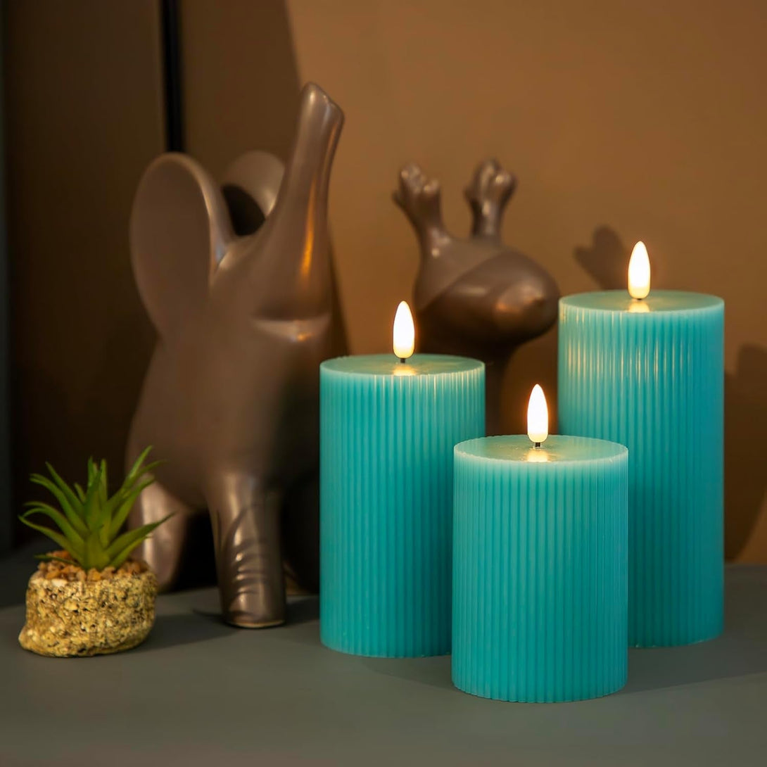 ANGELLOONG Teal Flameless Candles with Remote, Battery Operated LED Candles with Timer, Set of 3, Real Wax Fake Pillar Candles for Bathroom Living Room Summer Wedding Deocr